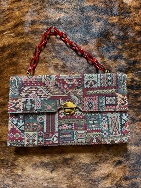 Vintage Kadin Carpet Tapestry  Purse Handbag .Bakelite Handles